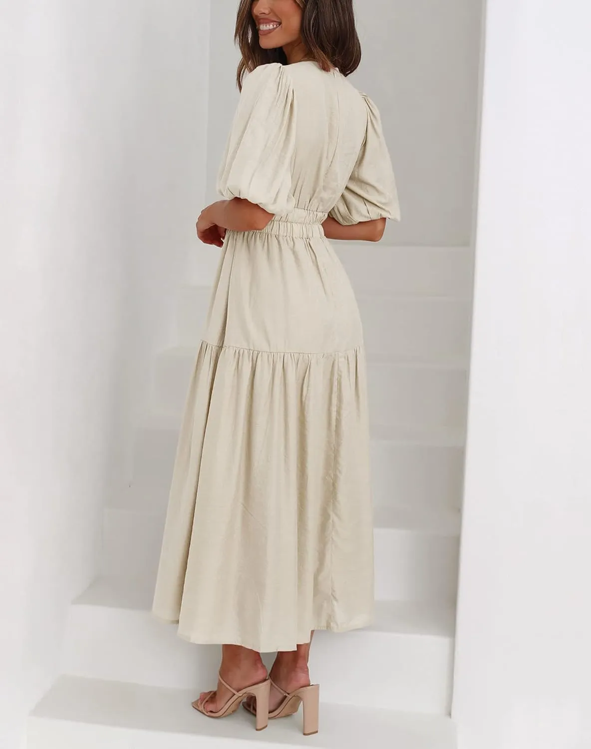 Lucrosun Women's Summer V Neck Short Puff Sleeve A Line Tiered Midi Dress