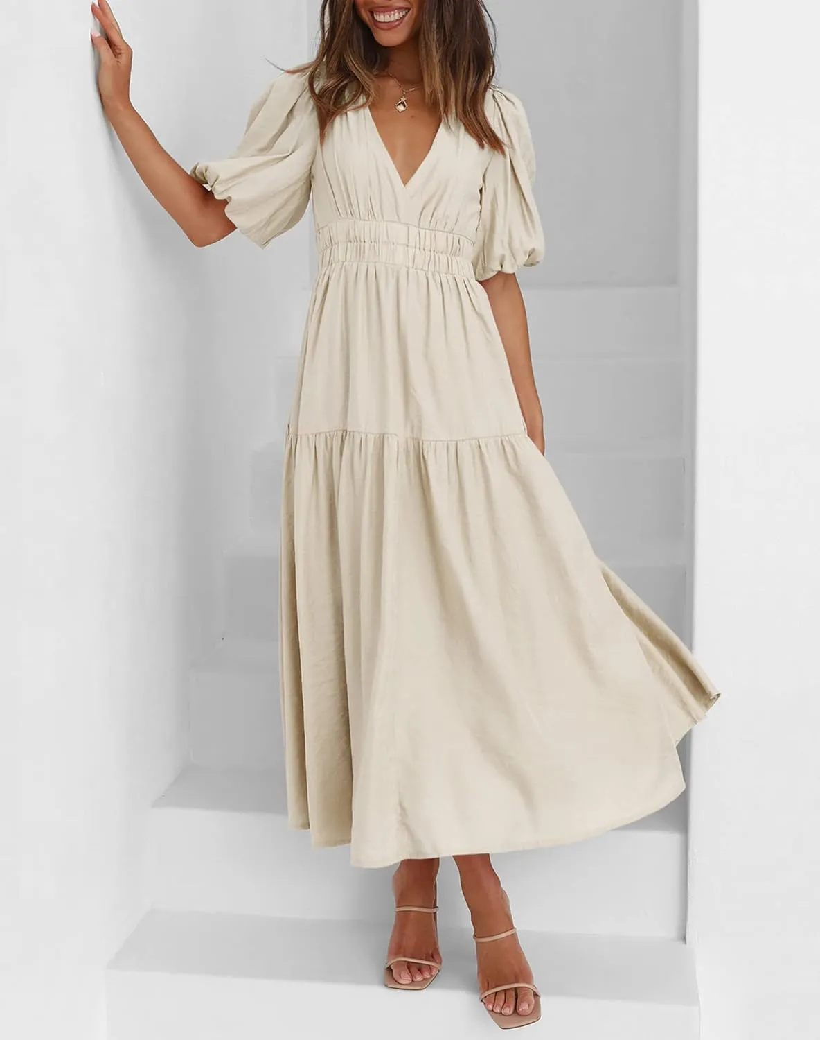 Lucrosun Women's Summer V Neck Short Puff Sleeve A Line Tiered Midi Dress