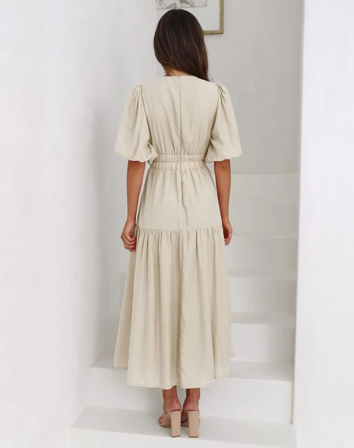 Lucrosun Women's Summer V Neck Short Puff Sleeve A Line Tiered Midi Dress