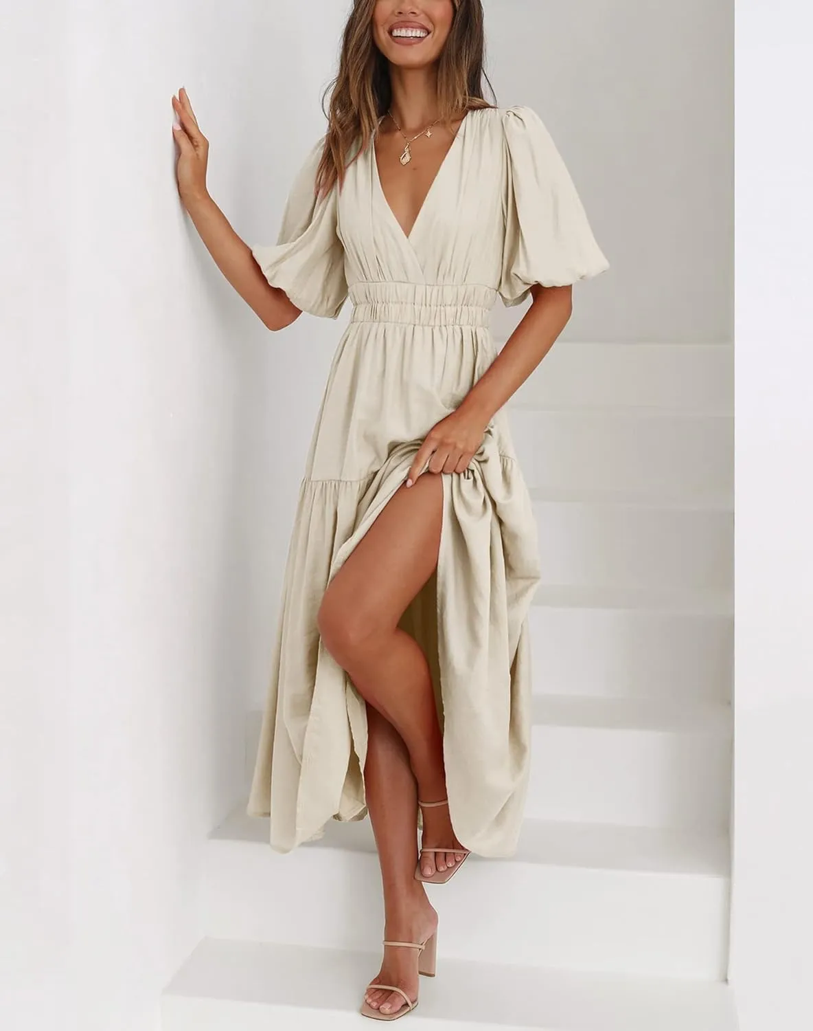 Lucrosun Women's Summer V Neck Short Puff Sleeve A Line Tiered Midi Dress