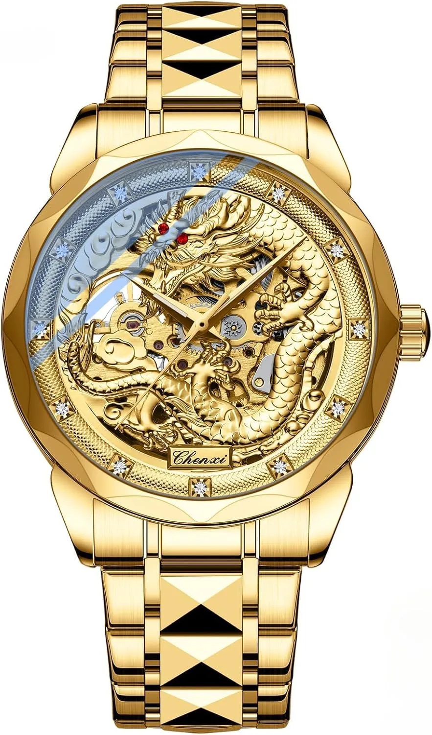 Luxury Gold Mechanical Watch Men Unique Dragon Patern Dial Golden Stainless Steel Strap Automatic Men's Wathces