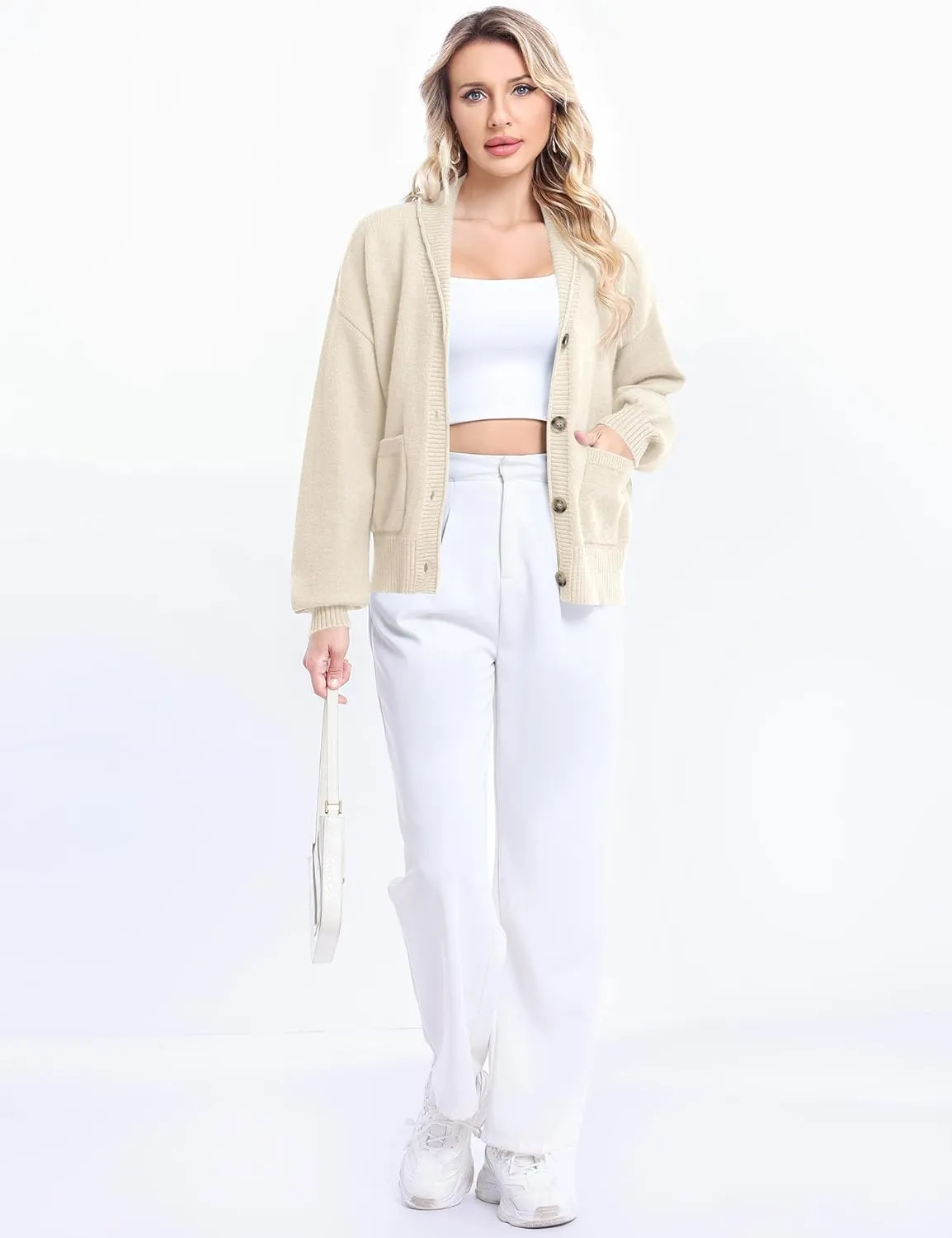 LUYAA Women's Cardigan Sweaters 2024 Oversized Open Front Button V Neck Lightweight Cardigans Outerwear