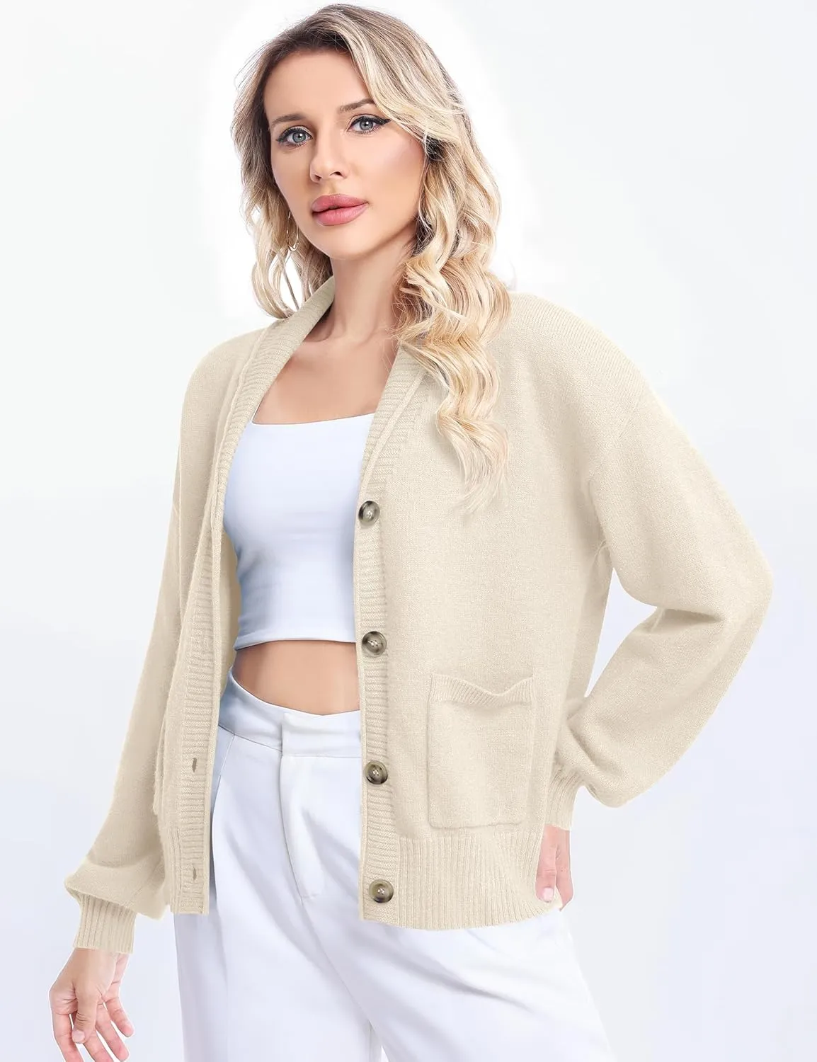 LUYAA Women's Cardigan Sweaters 2024 Oversized Open Front Button V Neck Lightweight Cardigans Outerwear