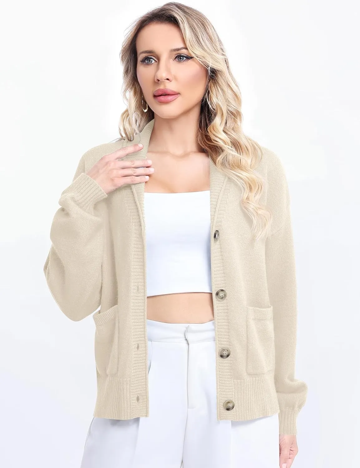 LUYAA Women's Cardigan Sweaters 2024 Oversized Open Front Button V Neck Lightweight Cardigans Outerwear