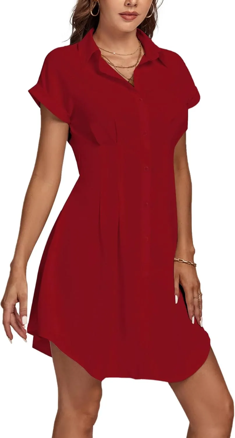 LYANER Women's Pleated Waist Collar Button Down Short Sleeve Mini Short Shirt Dress