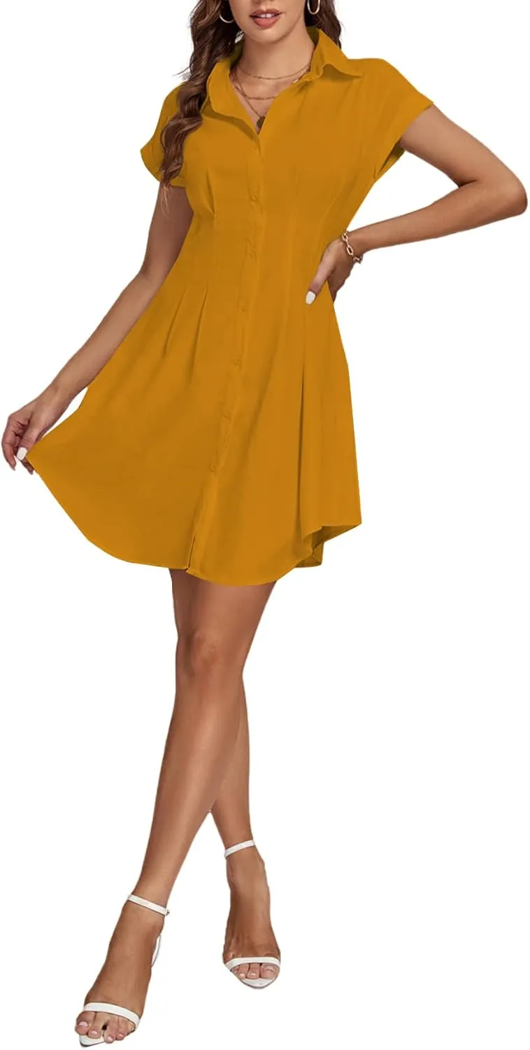 LYANER Women's Pleated Waist Collar Button Down Short Sleeve Mini Short Shirt Dress