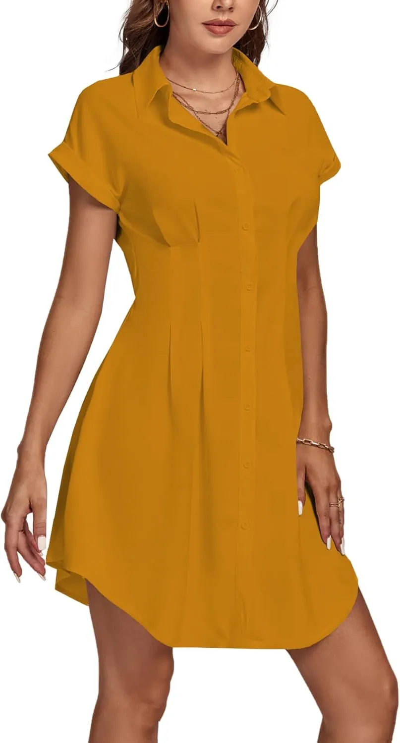 LYANER Women's Pleated Waist Collar Button Down Short Sleeve Mini Short Shirt Dress