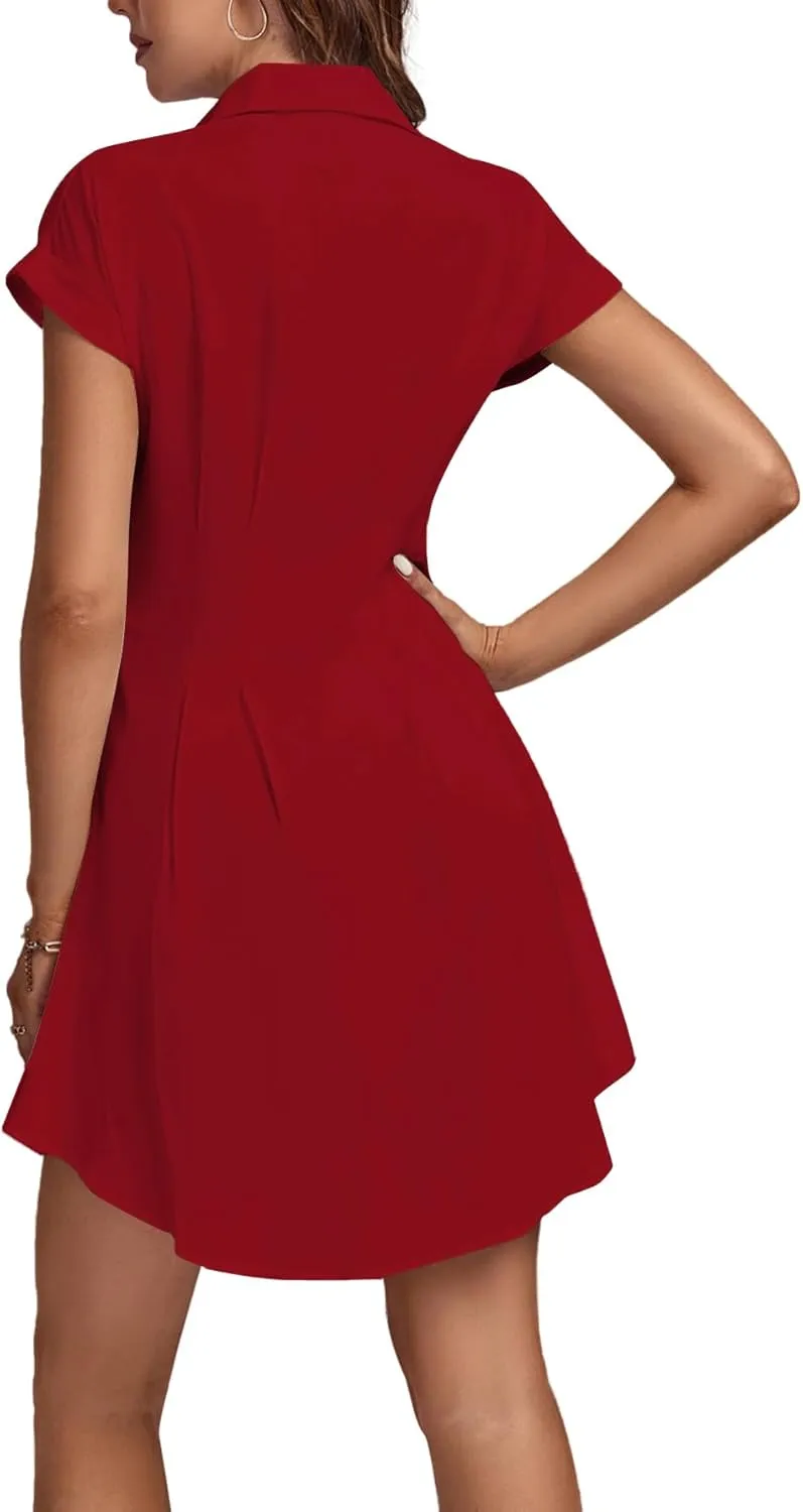 LYANER Women's Pleated Waist Collar Button Down Short Sleeve Mini Short Shirt Dress