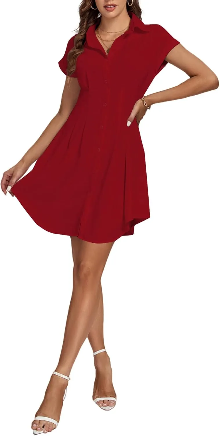 LYANER Women's Pleated Waist Collar Button Down Short Sleeve Mini Short Shirt Dress