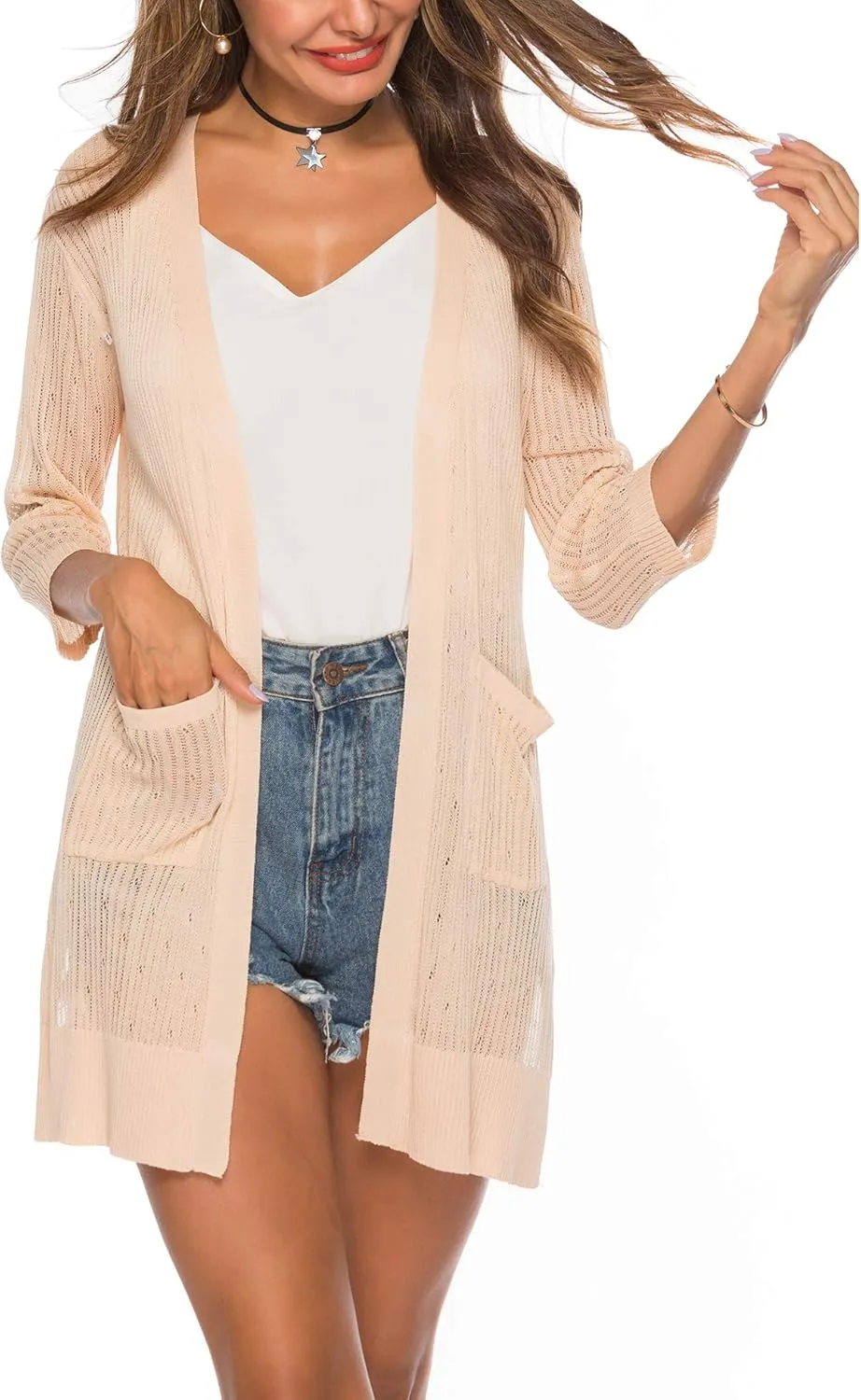 LYHNMW Women's Cardigan Casual 3/4 Sleeve or Long Sleeve Lightweight Open Front Long Knited Cardigan with Pocket