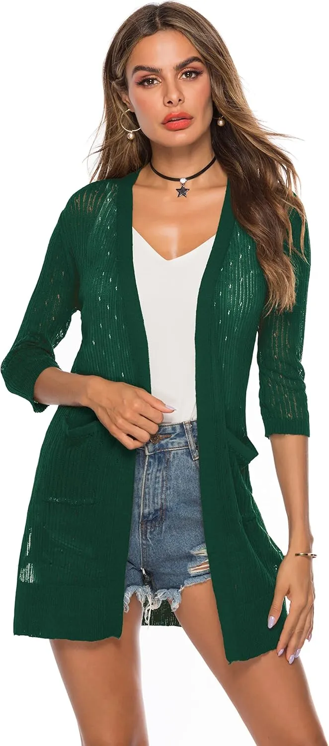 LYHNMW Women's Cardigan Casual 3/4 Sleeve or Long Sleeve Lightweight Open Front Long Knited Cardigan with Pocket