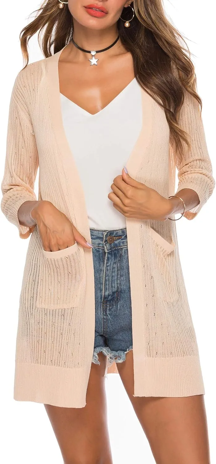 LYHNMW Women's Cardigan Casual 3/4 Sleeve or Long Sleeve Lightweight Open Front Long Knited Cardigan with Pocket