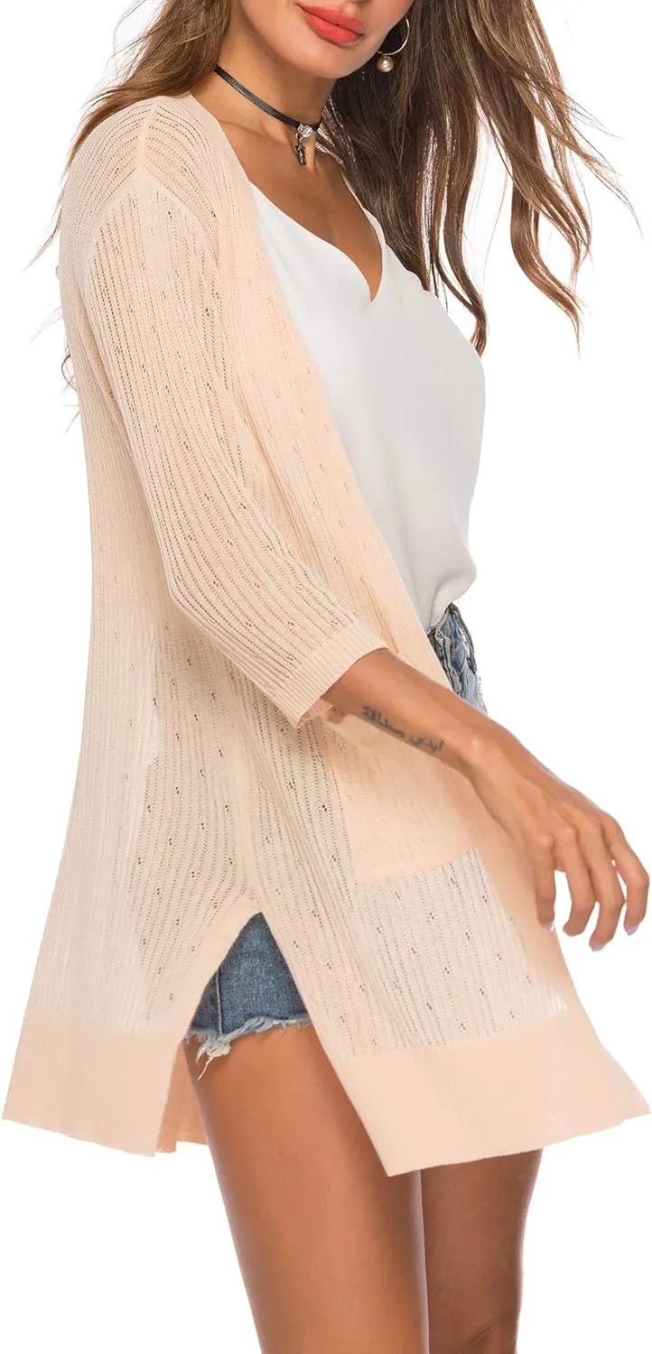 LYHNMW Women's Cardigan Casual 3/4 Sleeve or Long Sleeve Lightweight Open Front Long Knited Cardigan with Pocket