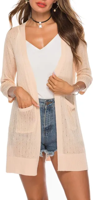 LYHNMW Women's Cardigan Casual 3/4 Sleeve or Long Sleeve Lightweight Open Front Long Knited Cardigan with Pocket