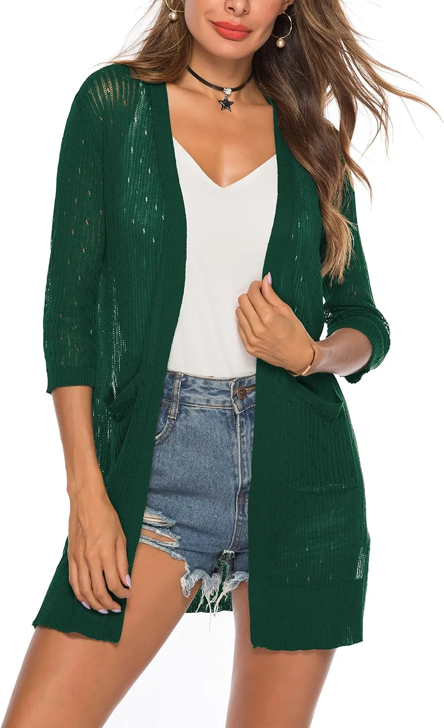 LYHNMW Women's Cardigan Casual 3/4 Sleeve or Long Sleeve Lightweight Open Front Long Knited Cardigan with Pocket