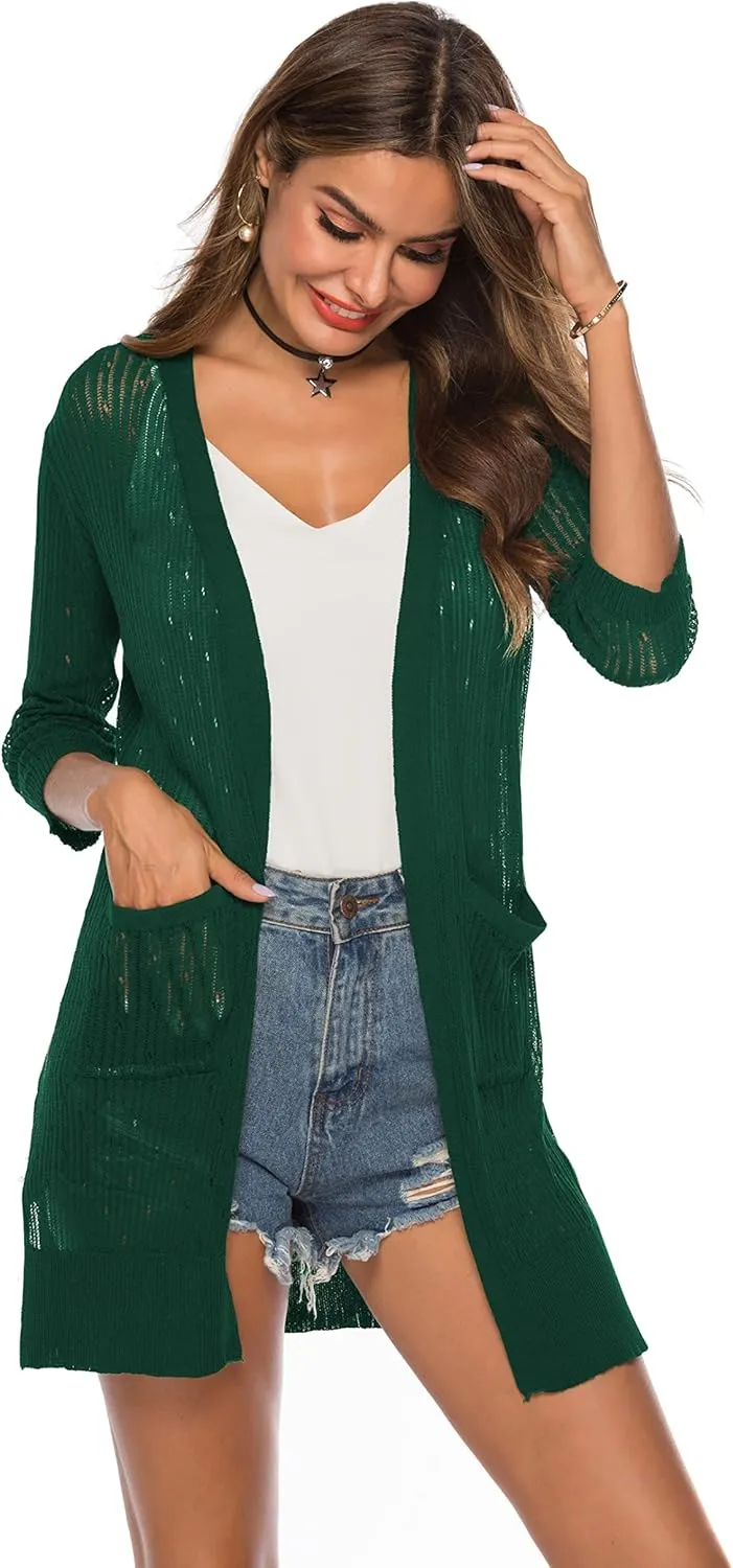LYHNMW Women's Cardigan Casual 3/4 Sleeve or Long Sleeve Lightweight Open Front Long Knited Cardigan with Pocket