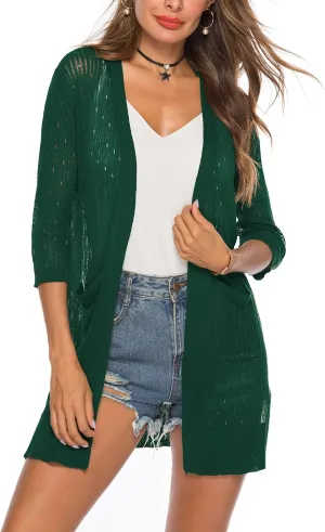 LYHNMW Women's Cardigan Casual 3/4 Sleeve or Long Sleeve Lightweight Open Front Long Knited Cardigan with Pocket