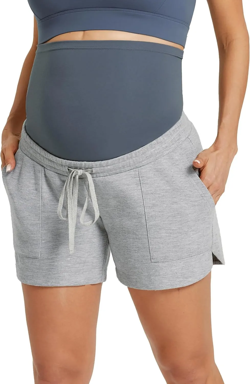 Maacie Maternity Sweat Shorts 2025 High Waist Shorts Lounge Casual Curved Slit Shorts with Pockets