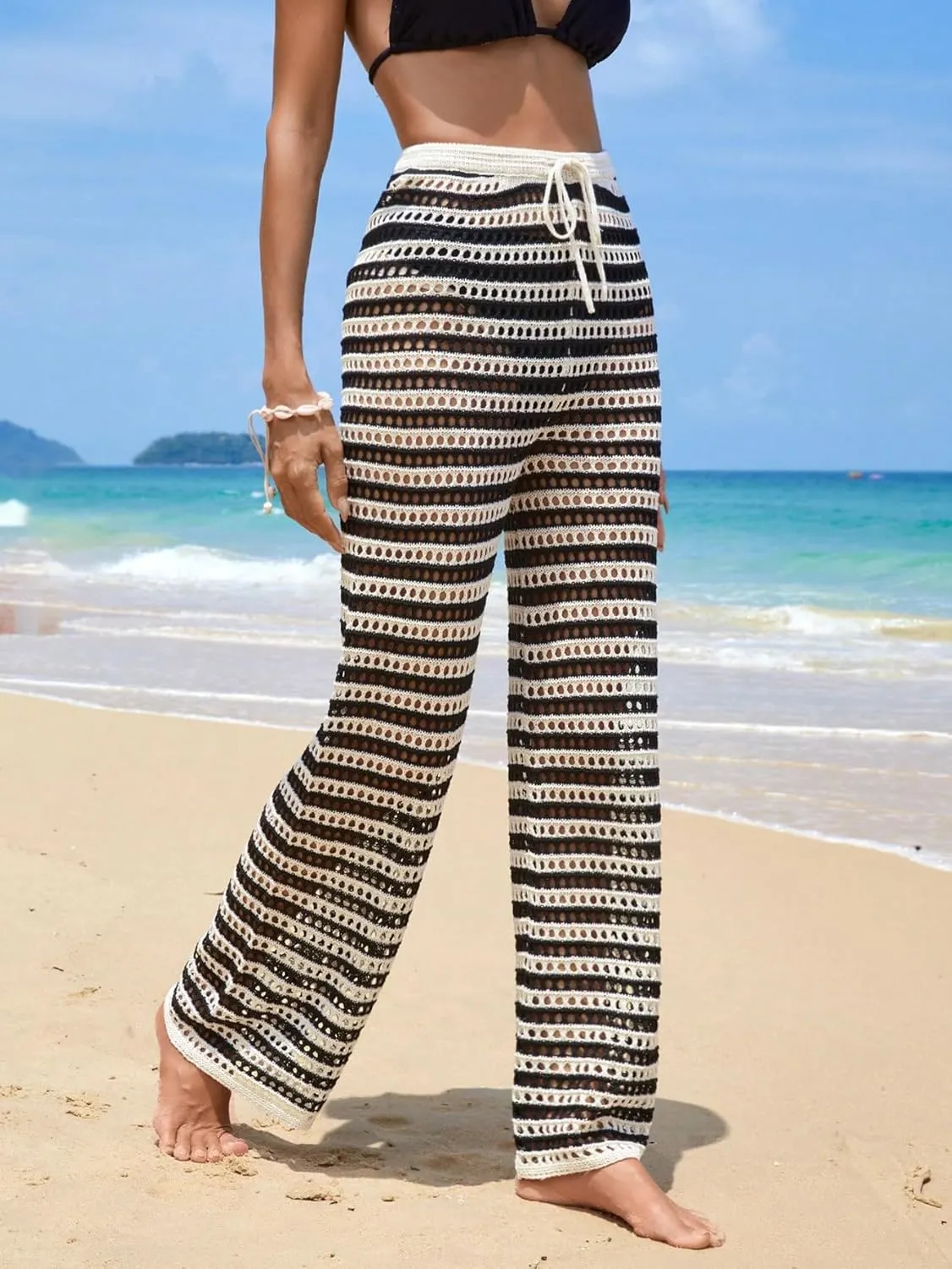 MakeMeChic Women's Cover Up Pants Drawstring Crochet Knitted Sheer Beach Cover Up Pants Swimwear