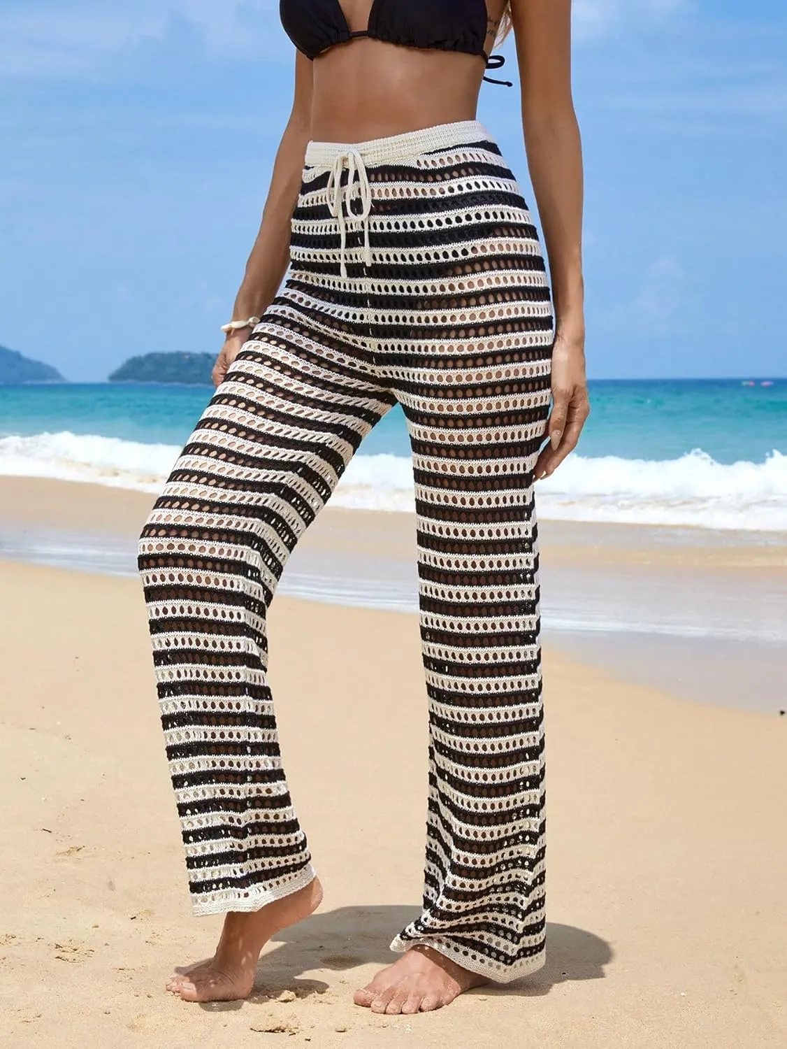 MakeMeChic Women's Cover Up Pants Drawstring Crochet Knitted Sheer Beach Cover Up Pants Swimwear