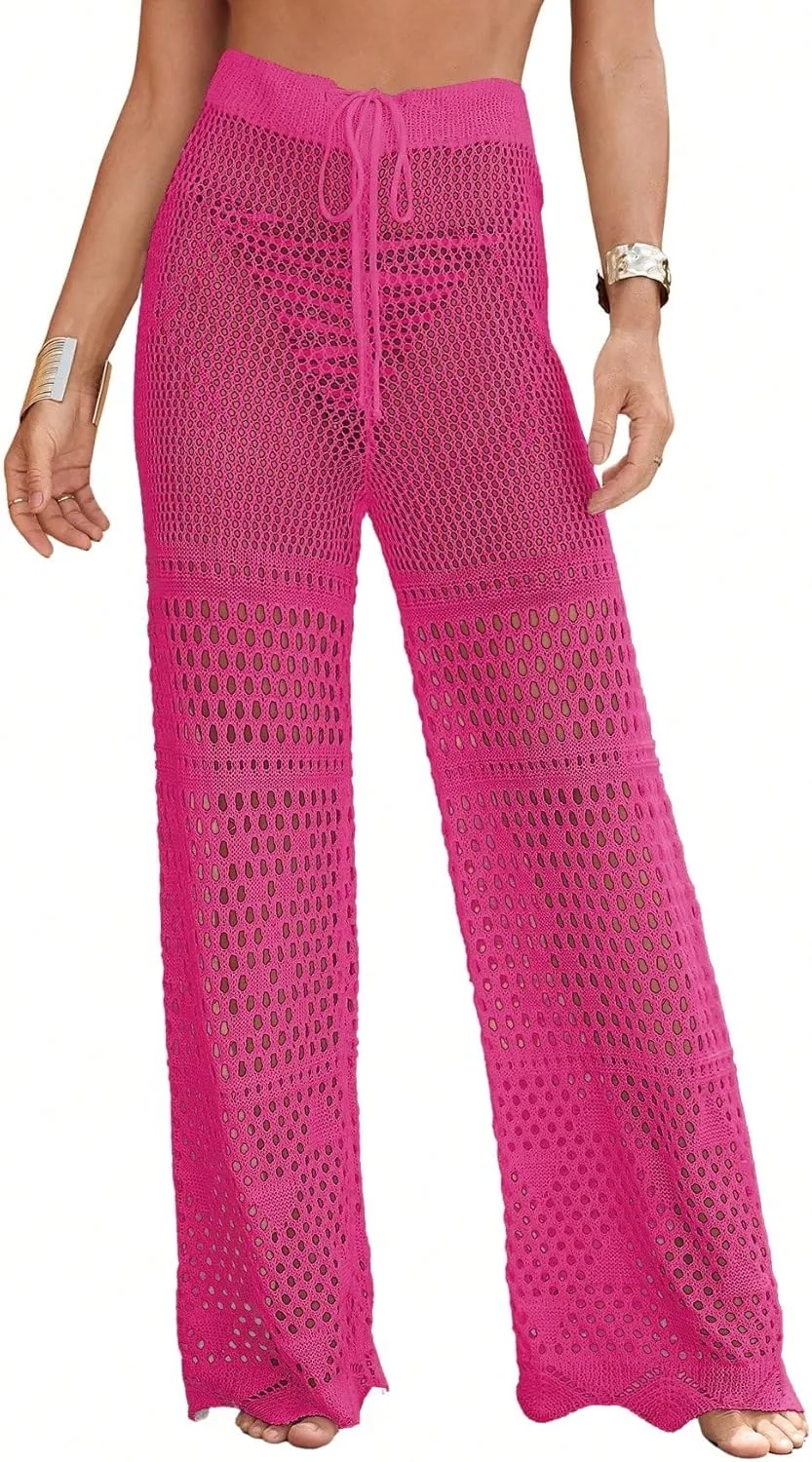 MakeMeChic Women's Cover Up Pants Drawstring Crochet Knitted Sheer Beach Cover Up Pants Swimwear