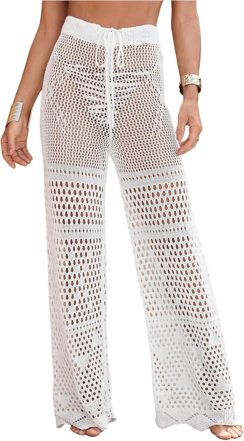 MakeMeChic Women's Cover Up Pants Drawstring Crochet Knitted Sheer Beach Cover Up Pants Swimwear