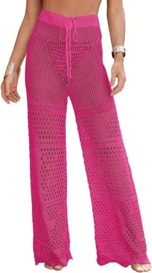 MakeMeChic Women's Cover Up Pants Drawstring Crochet Knitted Sheer Beach Cover Up Pants Swimwear