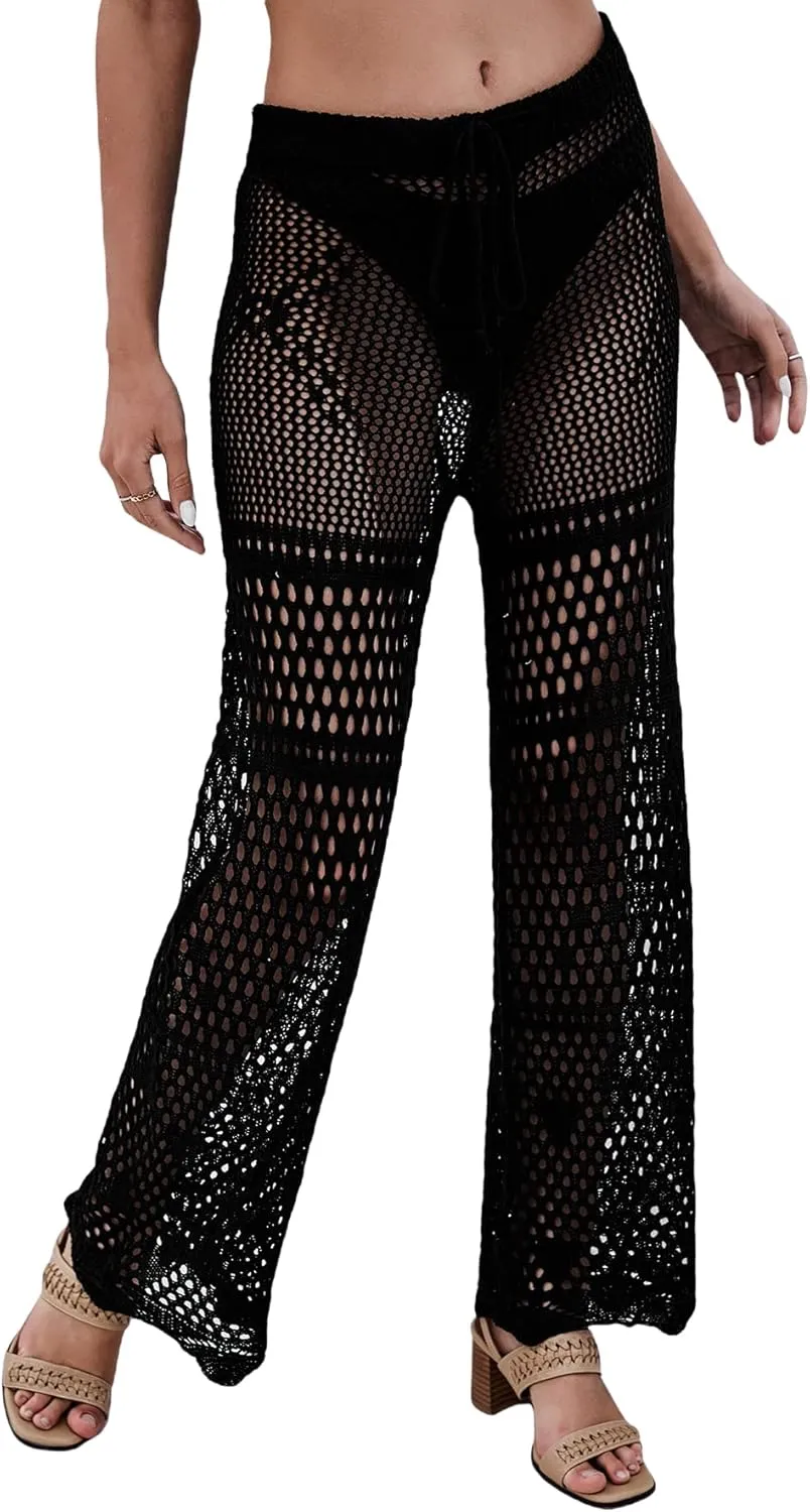 MakeMeChic Women's Cover Up Pants Drawstring Crochet Knitted Sheer Beach Cover Up Pants Swimwear