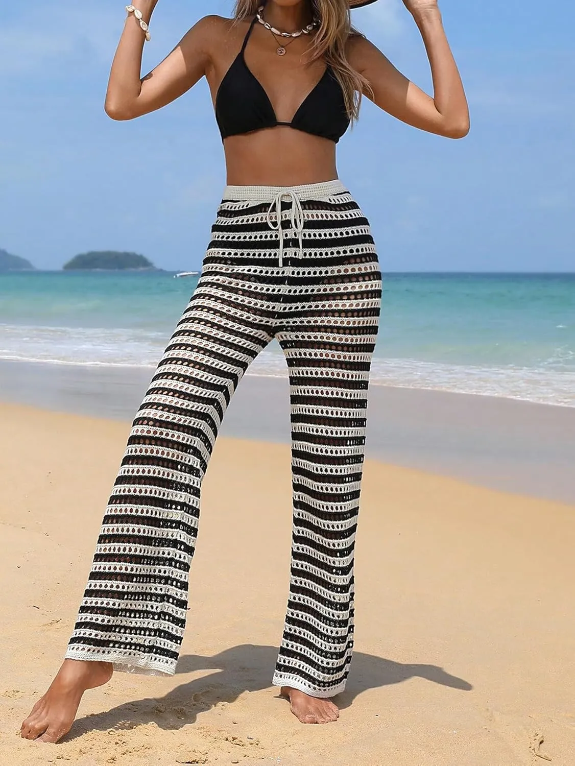 MakeMeChic Women's Cover Up Pants Drawstring Crochet Knitted Sheer Beach Cover Up Pants Swimwear