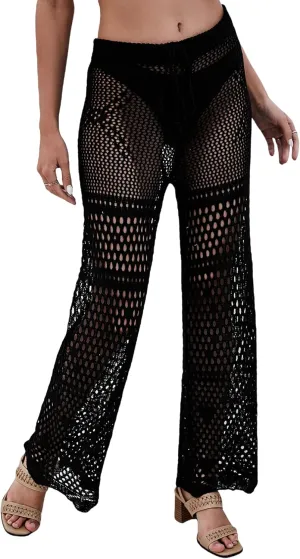 MakeMeChic Women's Cover Up Pants Drawstring Crochet Knitted Sheer Beach Cover Up Pants Swimwear