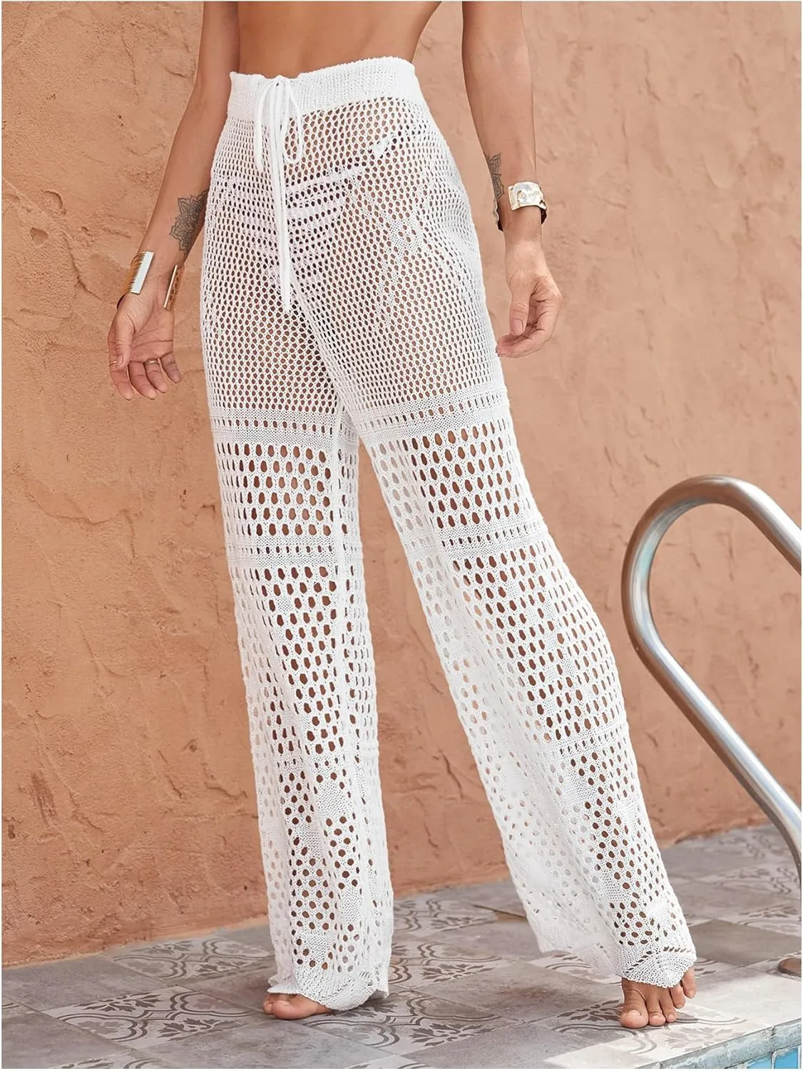 MakeMeChic Women's Cover Up Pants Drawstring Crochet Knitted Sheer Beach Cover Up Pants Swimwear