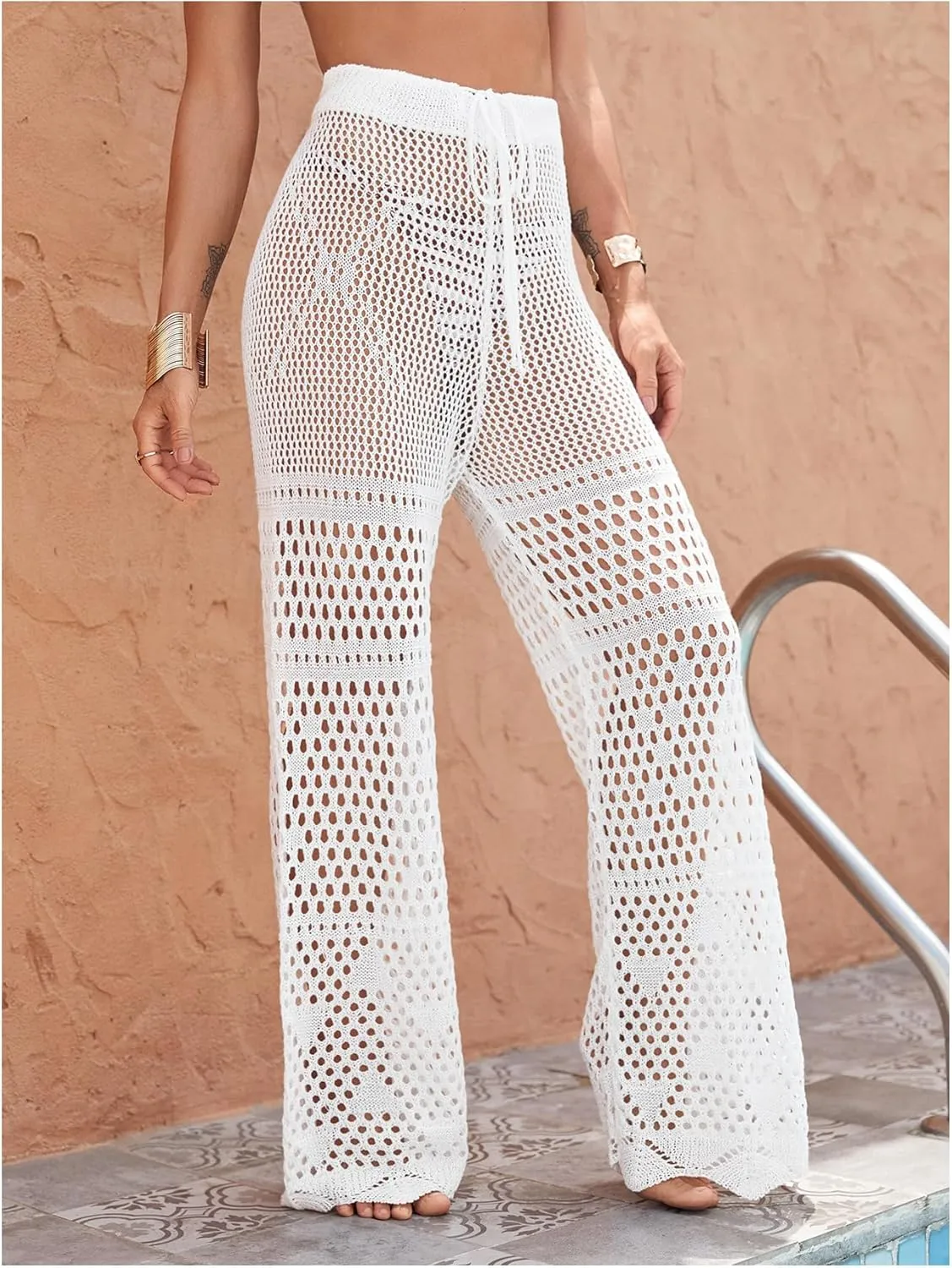 MakeMeChic Women's Cover Up Pants Drawstring Crochet Knitted Sheer Beach Cover Up Pants Swimwear