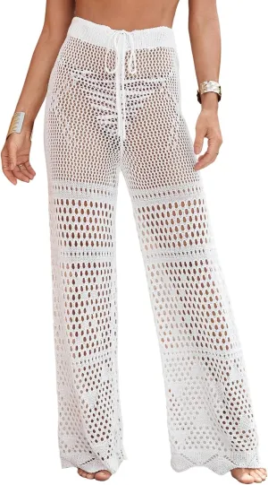 MakeMeChic Women's Cover Up Pants Drawstring Crochet Knitted Sheer Beach Cover Up Pants Swimwear