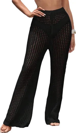 MakeMeChic Women's Cover Up Pants Drawstring Crochet Knitted Sheer Beach Cover Up Pants Swimwear