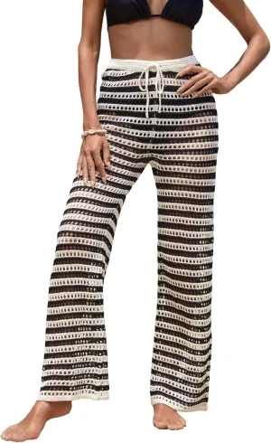 MakeMeChic Women's Cover Up Pants Drawstring Crochet Knitted Sheer Beach Cover Up Pants Swimwear