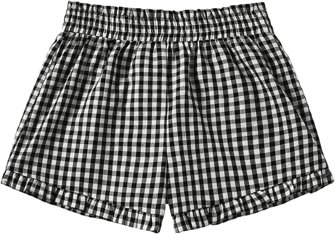 MakeMeChic Women's Gingham Ruffle Boxer Shorts Elastic High Waist Pajamas Lounge Shorts