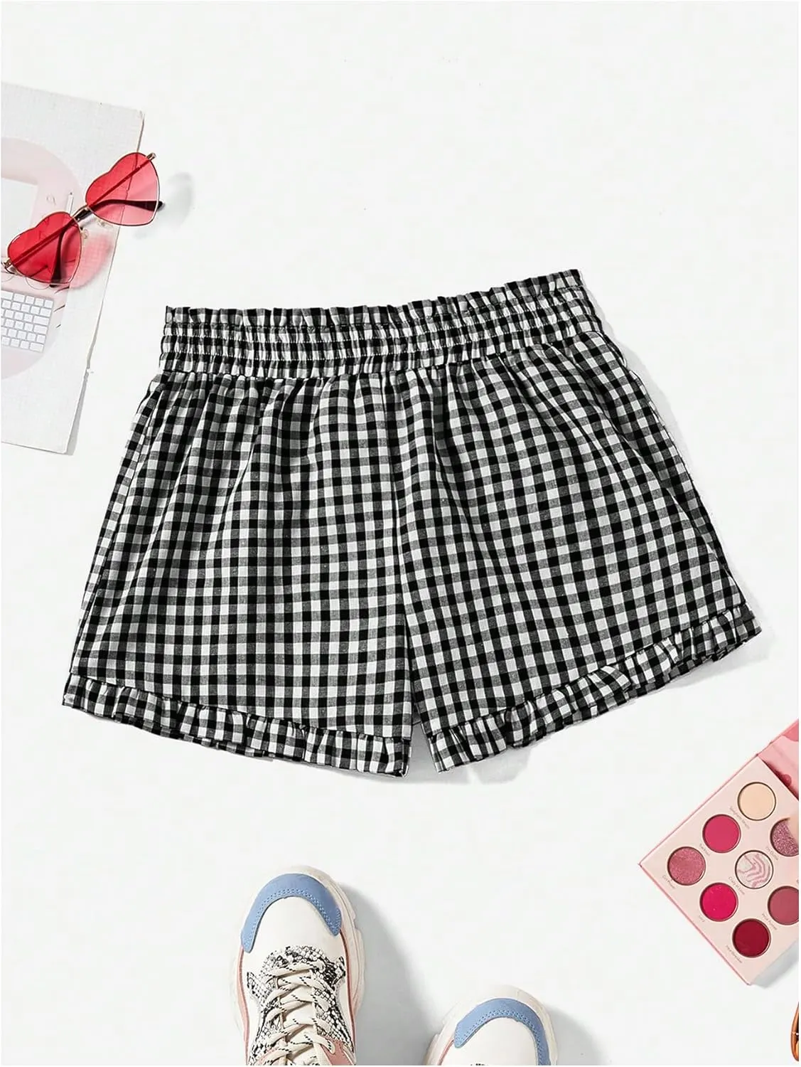 MakeMeChic Women's Gingham Ruffle Boxer Shorts Elastic High Waist Pajamas Lounge Shorts