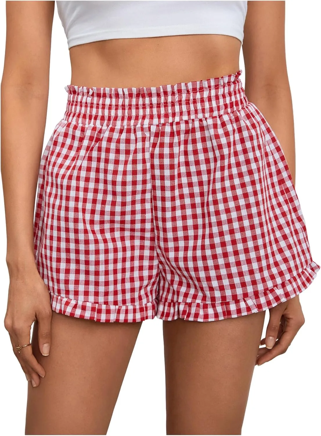 MakeMeChic Women's Gingham Ruffle Boxer Shorts Elastic High Waist Pajamas Lounge Shorts