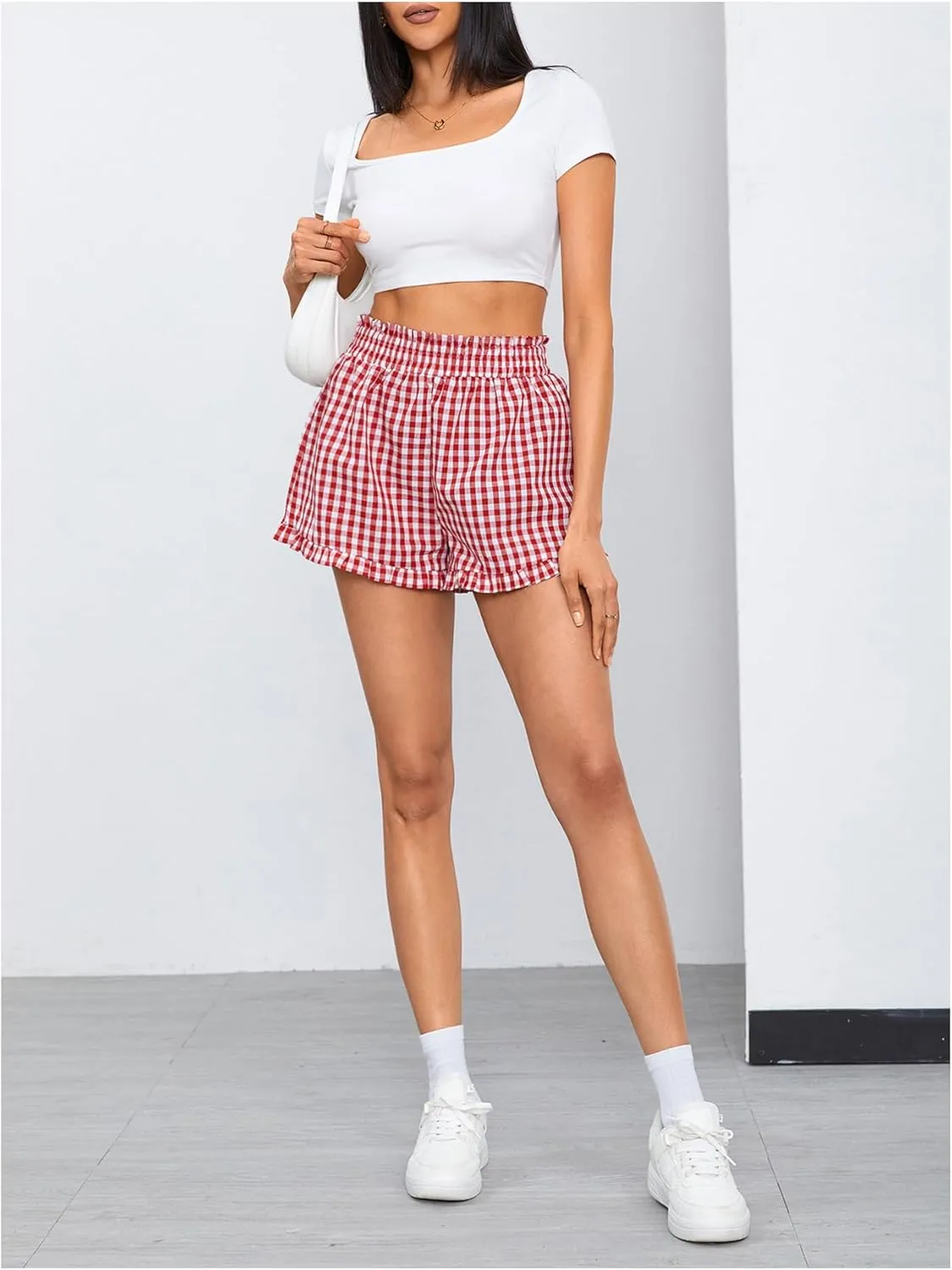 MakeMeChic Women's Gingham Ruffle Boxer Shorts Elastic High Waist Pajamas Lounge Shorts