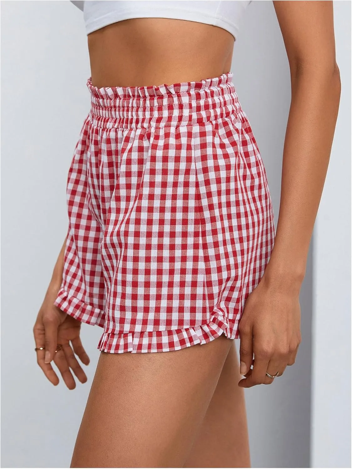 MakeMeChic Women's Gingham Ruffle Boxer Shorts Elastic High Waist Pajamas Lounge Shorts