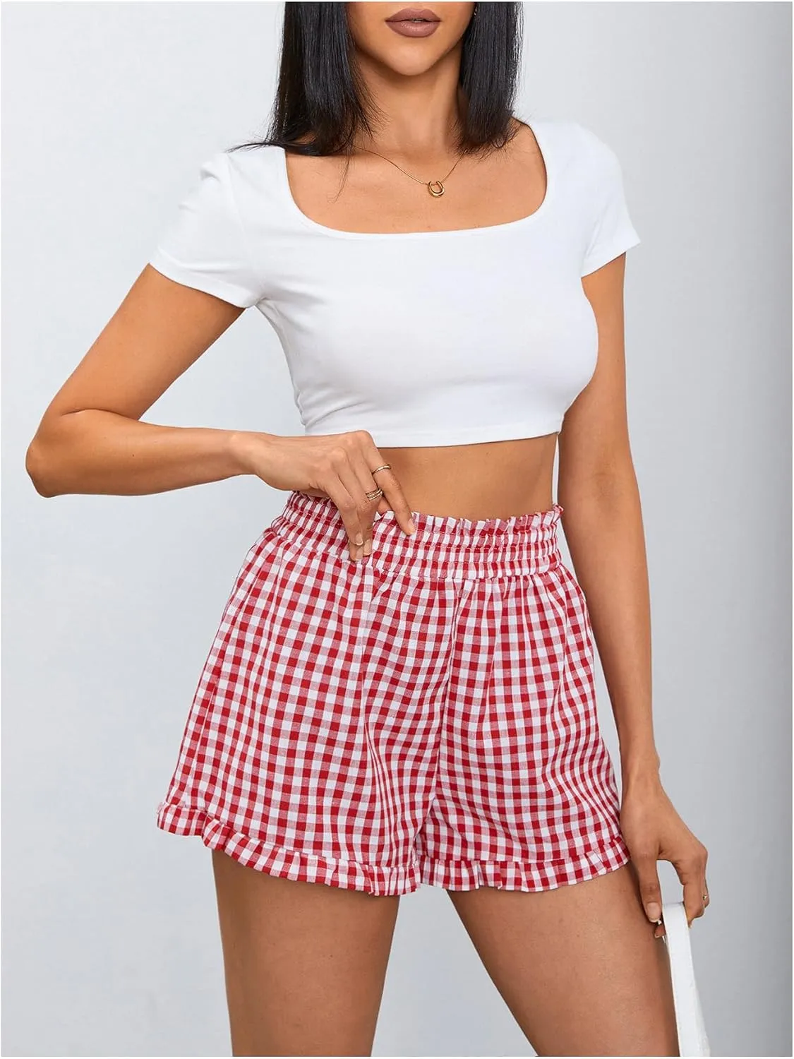 MakeMeChic Women's Gingham Ruffle Boxer Shorts Elastic High Waist Pajamas Lounge Shorts