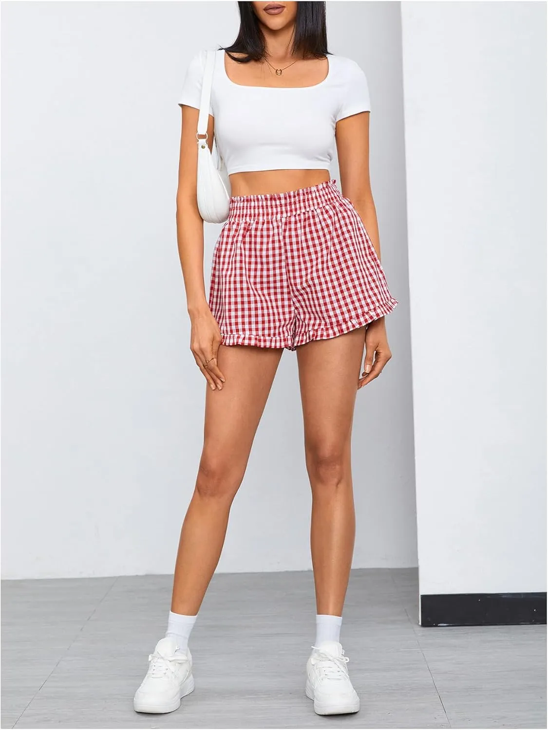 MakeMeChic Women's Gingham Ruffle Boxer Shorts Elastic High Waist Pajamas Lounge Shorts