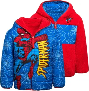 Marvel Boys Avengers Spider-Man Reversible Jacket  Spidey Quilted Puffer Coat with Sherpa Fleece Lining (2T-20)
