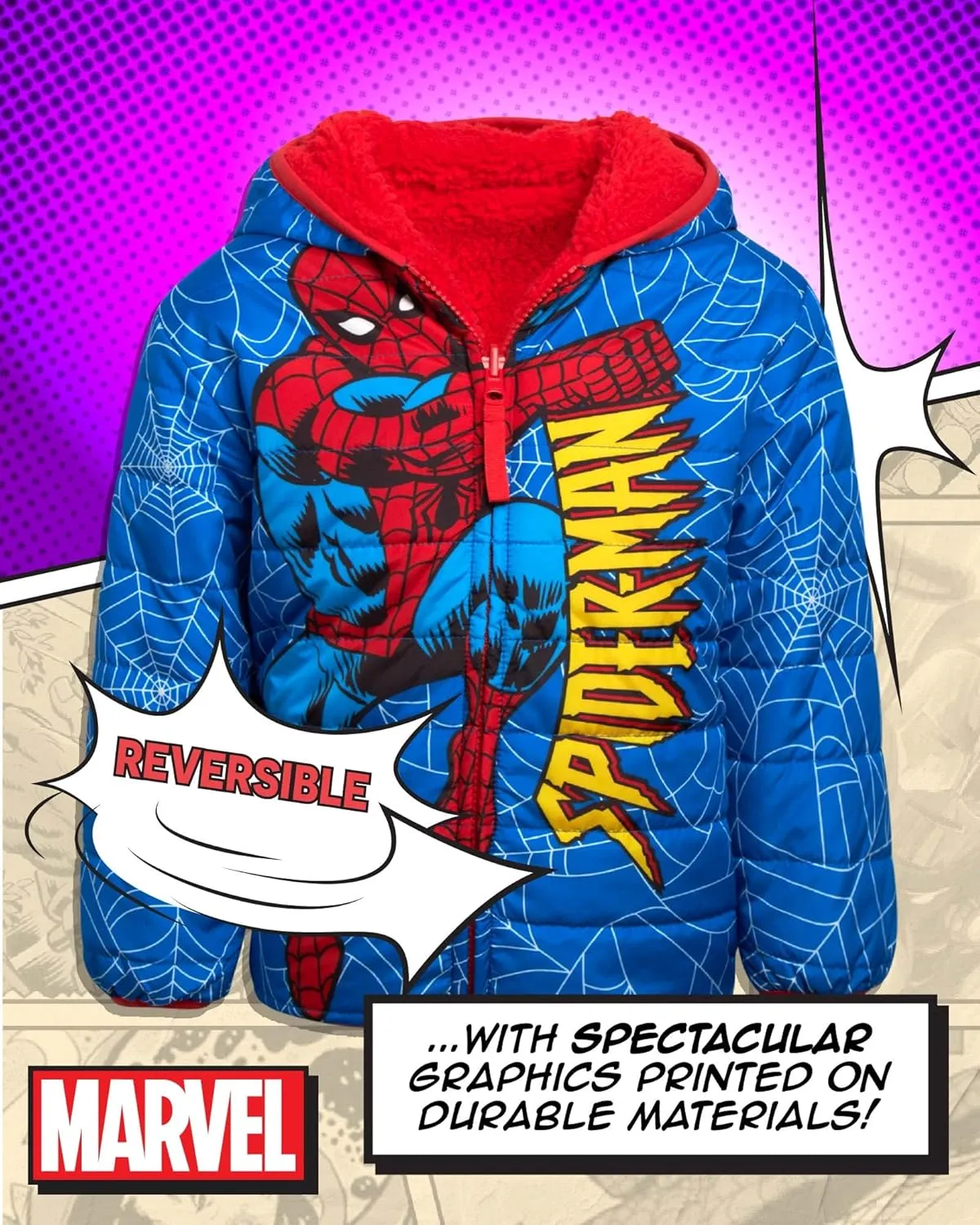 Marvel Boys Avengers Spider-Man Reversible Jacket  Spidey Quilted Puffer Coat with Sherpa Fleece Lining (2T-20)