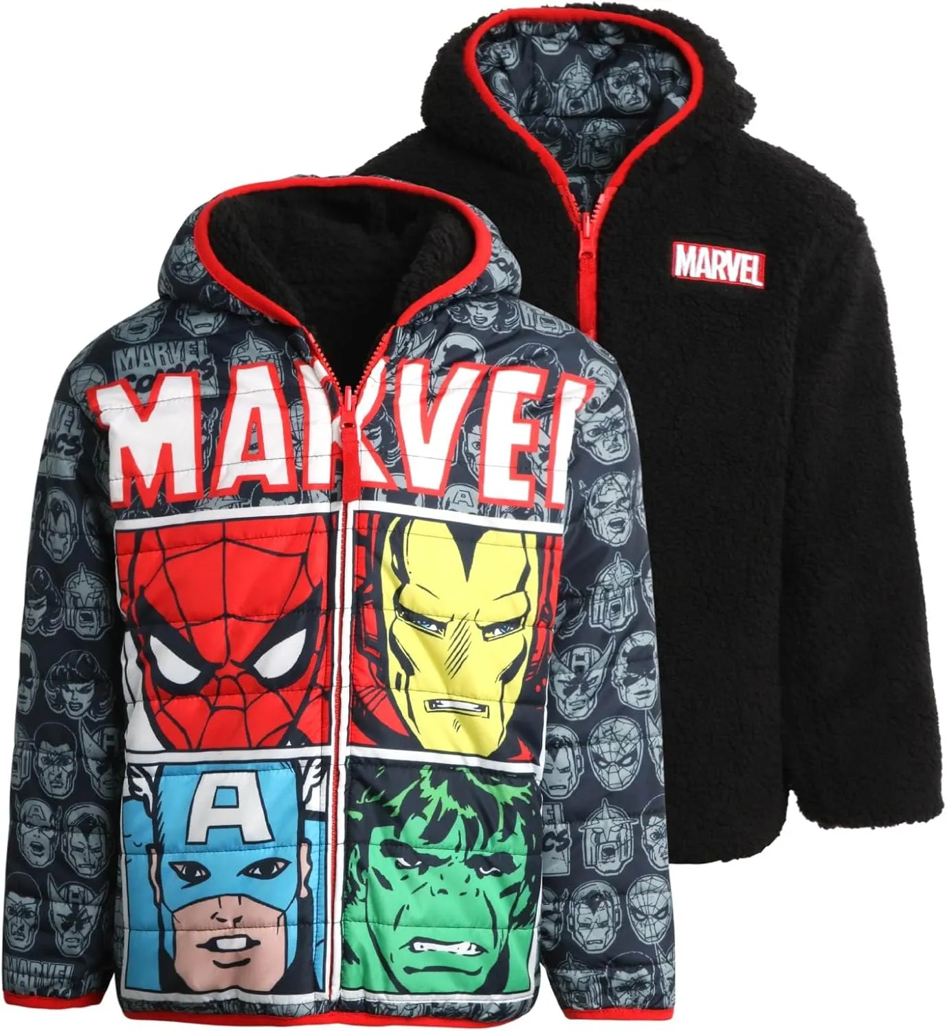 Marvel Boys Avengers Spider-Man Reversible Jacket  Spidey Quilted Puffer Coat with Sherpa Fleece Lining (2T-20)
