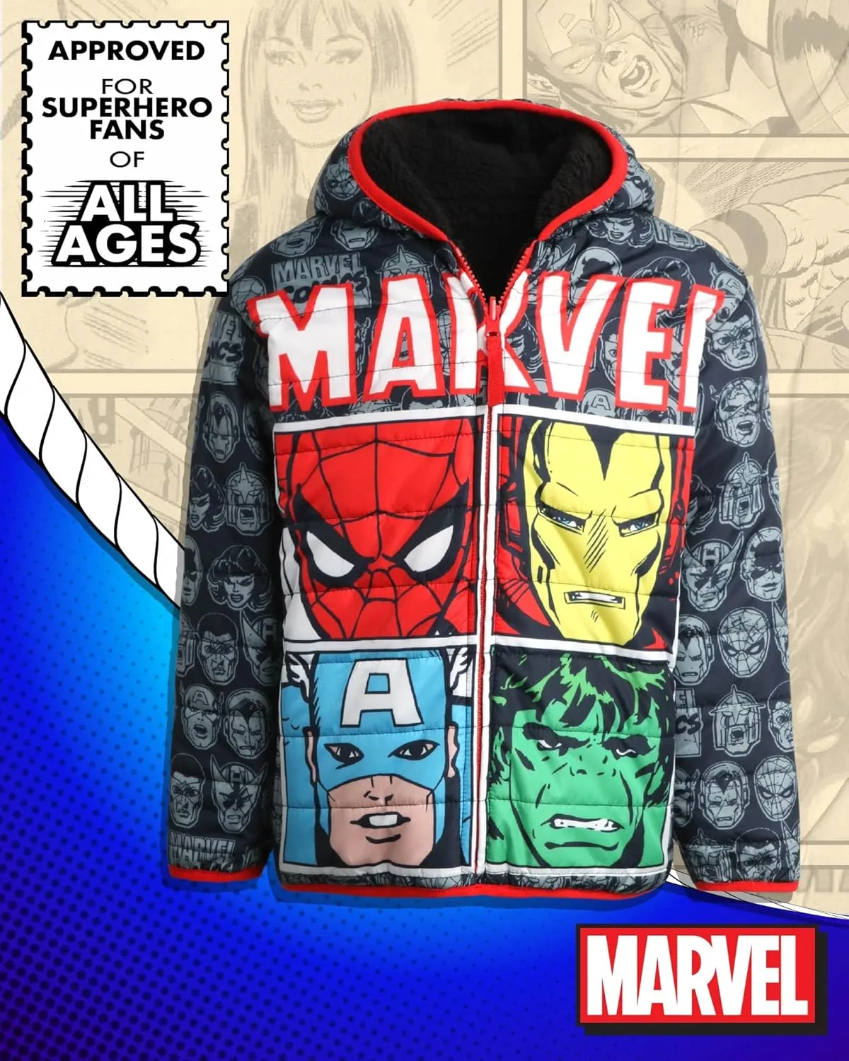 Marvel Boys Avengers Spider-Man Reversible Jacket  Spidey Quilted Puffer Coat with Sherpa Fleece Lining (2T-20)