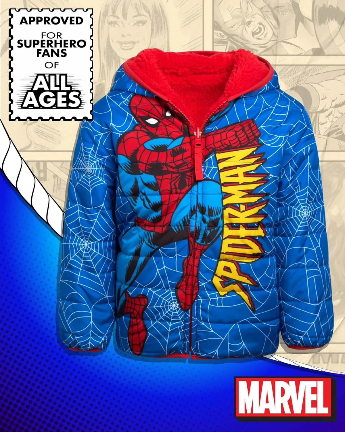 Marvel Boys Avengers Spider-Man Reversible Jacket  Spidey Quilted Puffer Coat with Sherpa Fleece Lining (2T-20)