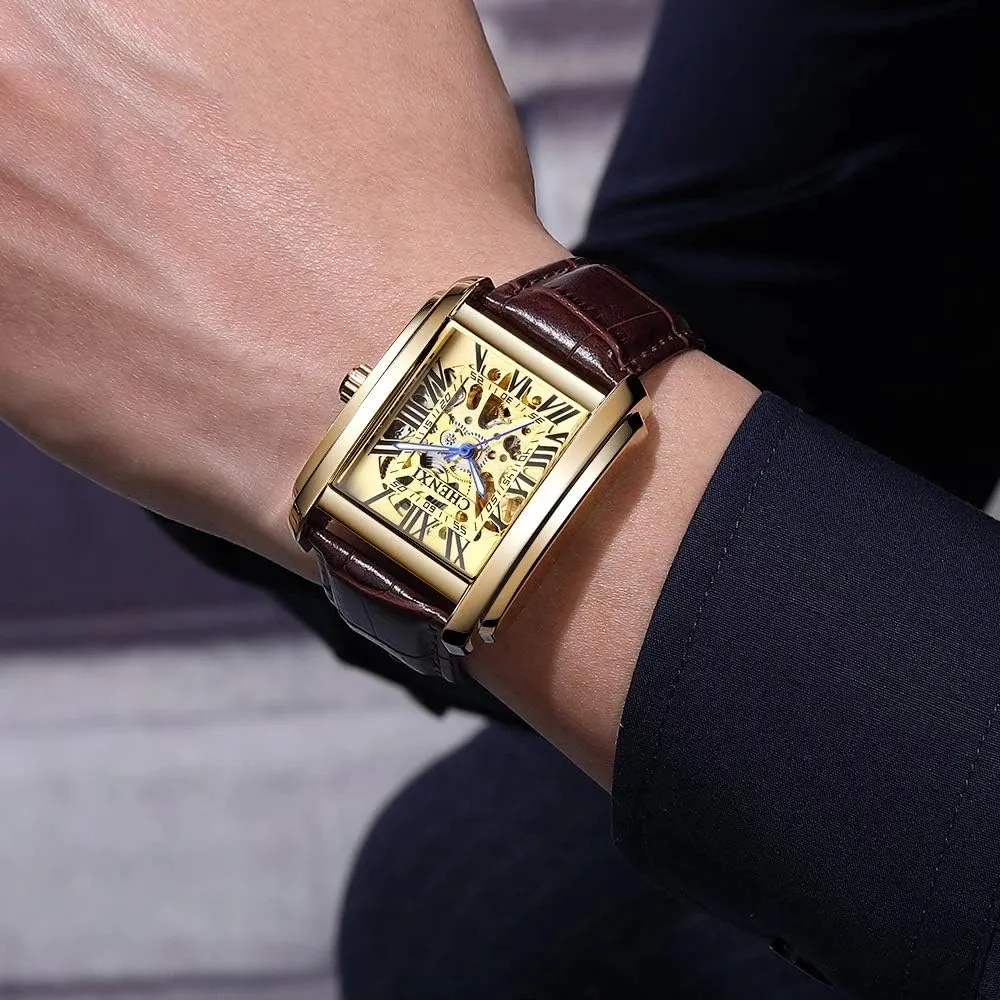 MASTOPMen Automatic Hollow Mechanical Watches Leather Business Waterproof Skeleton Tourbillon Analog Dress Wrist Watch