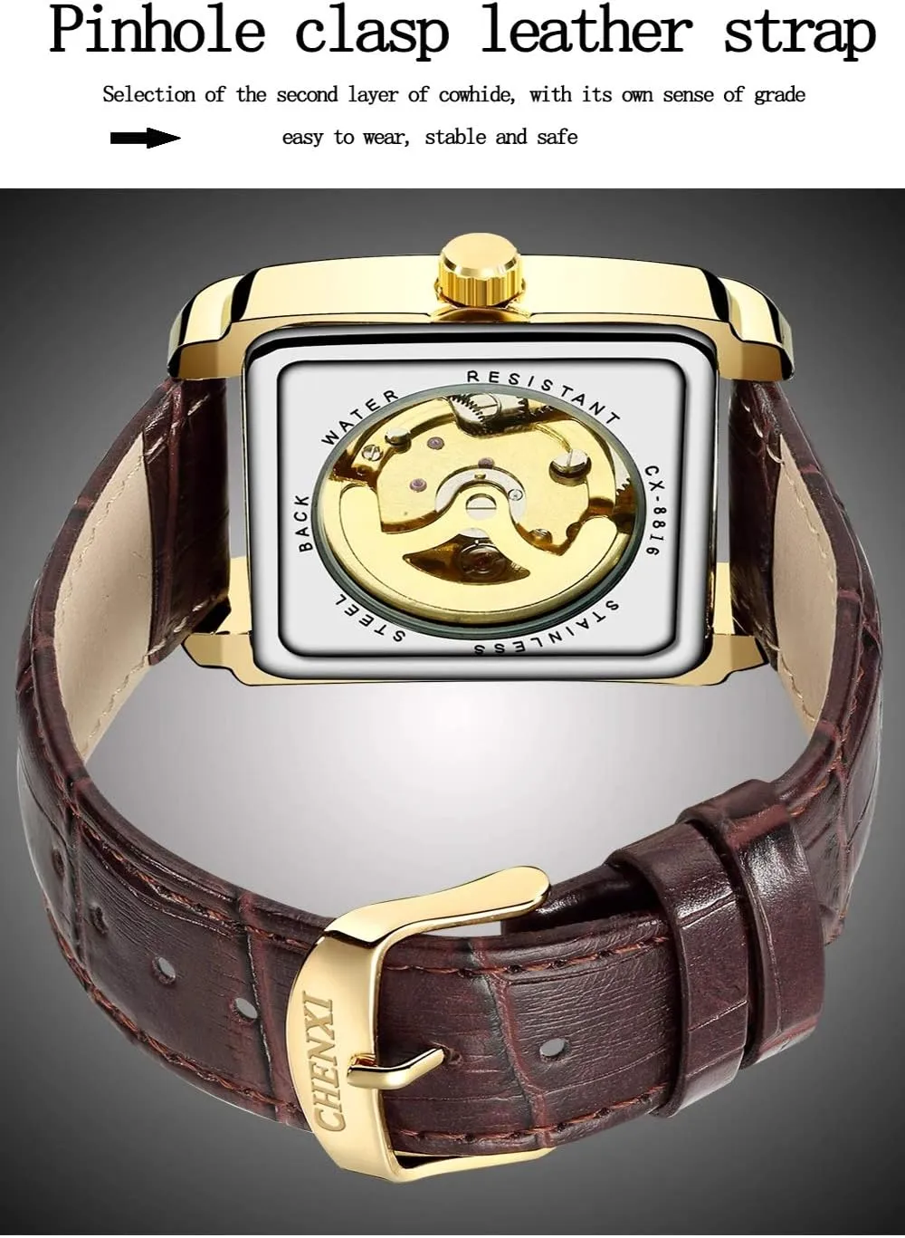 MASTOPMen Automatic Hollow Mechanical Watches Leather Business Waterproof Skeleton Tourbillon Analog Dress Wrist Watch