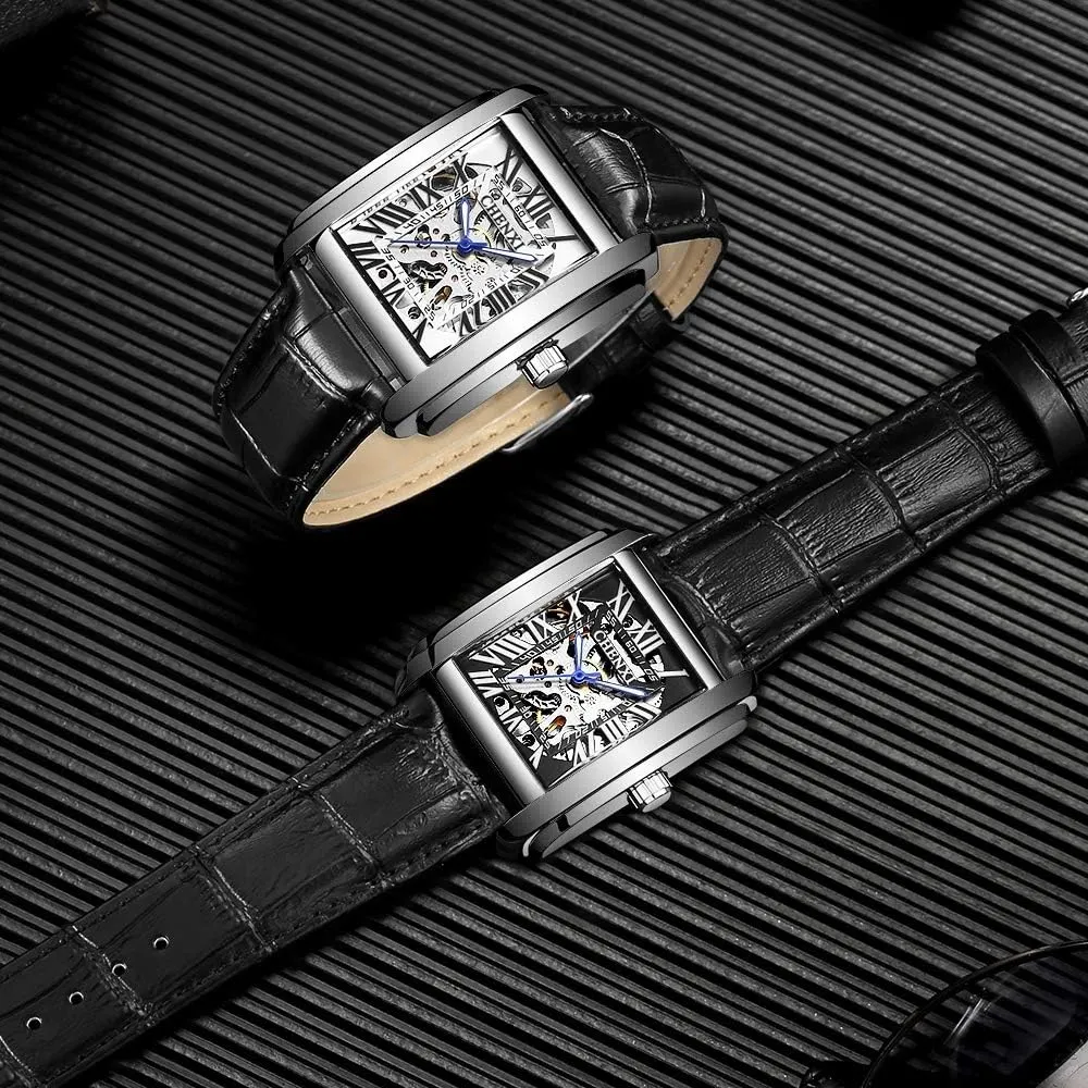 MASTOPMen Automatic Hollow Mechanical Watches Leather Business Waterproof Skeleton Tourbillon Analog Dress Wrist Watch